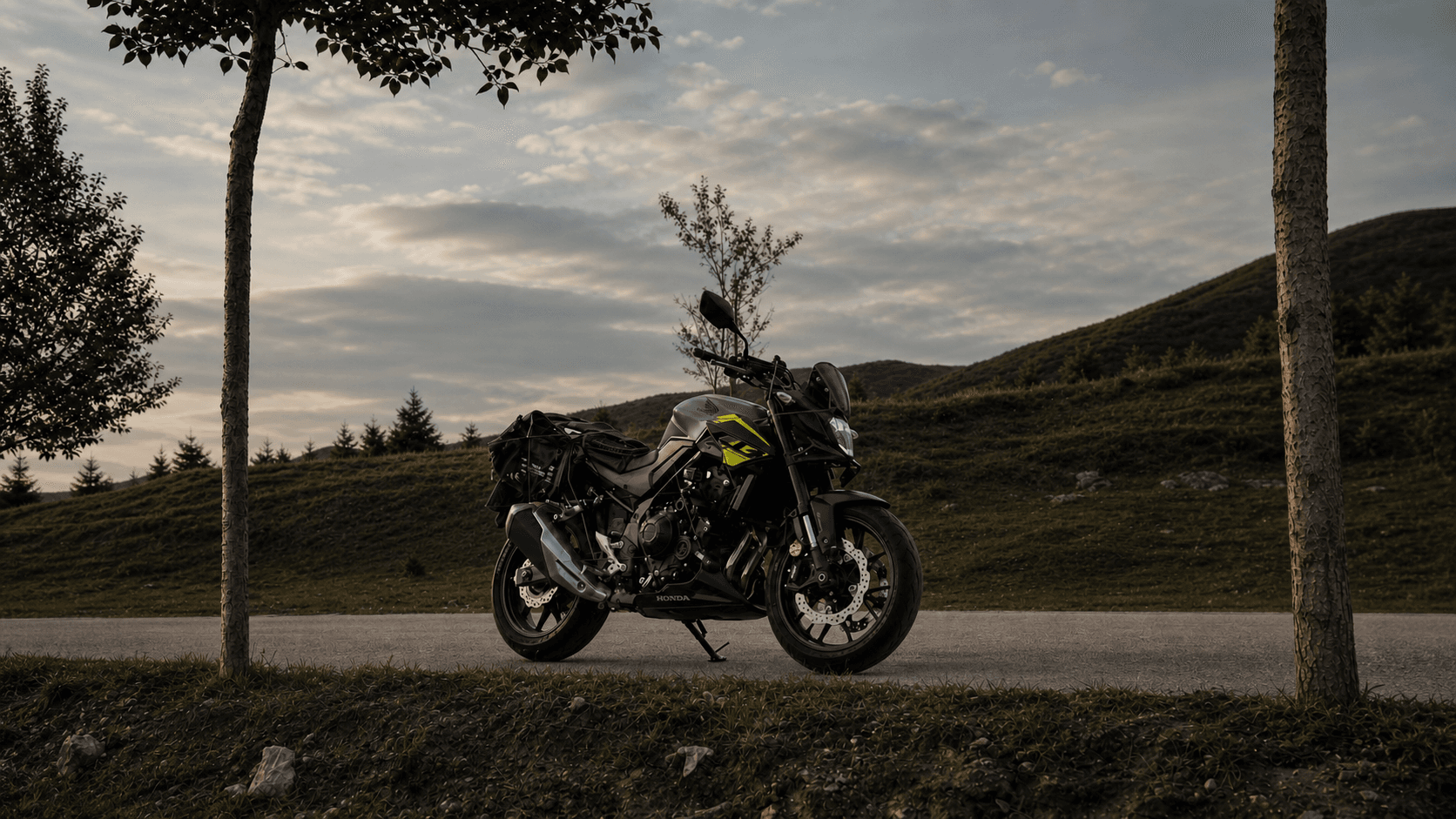 Honda CB400F parked on a mountain road